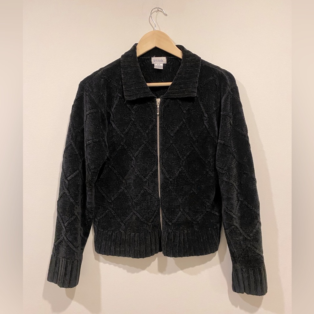 ATTITUDE VINTAGE Chenille Zip-up Collared Cable Knit Sweater